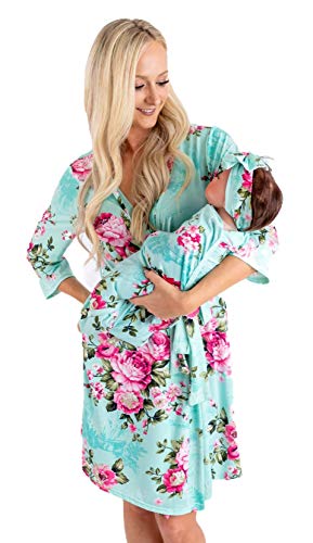 DOUBLE THE SPRINKLES Matching Robe and Swaddle Set Mom And Baby - Mommy & Me Matching Outfits, Hospital Robe For Labor With Delivery Gown, Baby Blanket & Headband (XL, Aqua Floral)