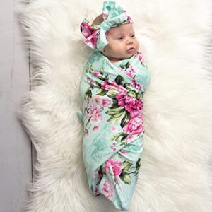 DOUBLE THE SPRINKLES Matching Robe and Swaddle Set Mom And Baby - Mommy & Me Matching Outfits, Hospital Robe For Labor With Delivery Gown, Baby Blanket & Headband (XL, Aqua Floral)