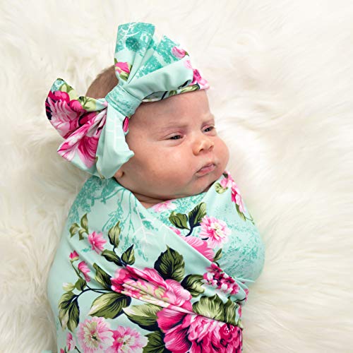 DOUBLE THE SPRINKLES Matching Robe and Swaddle Set Mom And Baby - Mommy & Me Matching Outfits, Hospital Robe For Labor With Delivery Gown, Baby Blanket & Headband (XL, Aqua Floral)