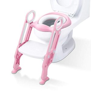 potty training seat with step stool ladder and handles for baby toddler kid children boys and girls toilet training chair with padded soft cushion and non-slip wide step (pink white)
