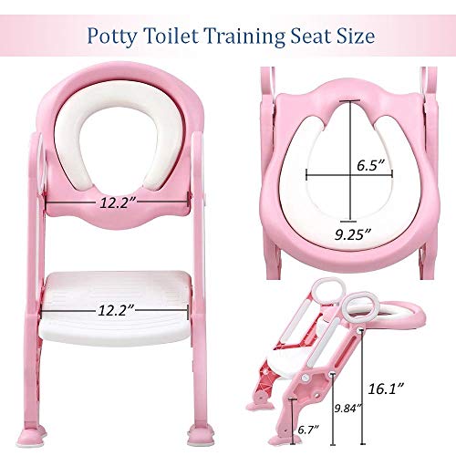 Potty Training Seat with Step Stool Ladder and Handles for Baby Toddler Kid Children Boys and Girls Toilet Training Chair with Padded Soft Cushion and Non-Slip Wide Step (Pink White)