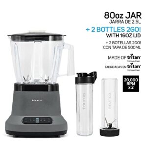 Taurus| Blaze| Maximun power per two| 80 Oz Jar| 4 presets functions| Powerful 1500 W| 2 motors| 2 times more durable| Blender and 2 bottles 2 go!|