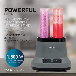 Taurus| Blaze| Maximun power per two| 80 Oz Jar| 4 presets functions| Powerful 1500 W| 2 motors| 2 times more durable| Blender and 2 bottles 2 go!|