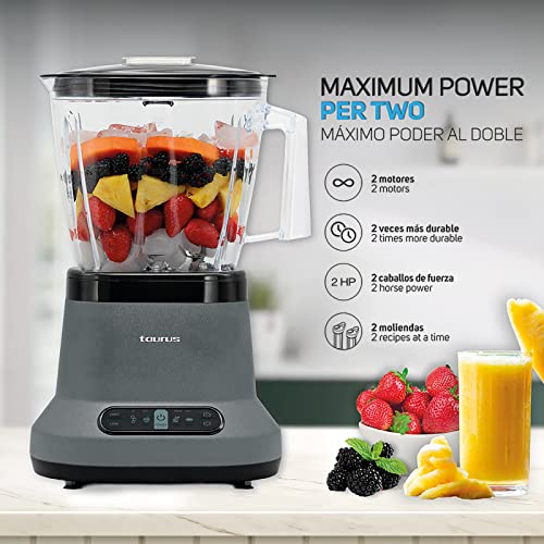 Taurus| Blaze| Maximun power per two| 80 Oz Jar| 4 presets functions| Powerful 1500 W| 2 motors| 2 times more durable| Blender and 2 bottles 2 go!|