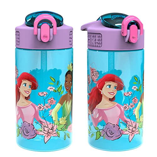 Zak Designs Kids Durable Plastic Spout Cover and Built-in Carrying Loop, Leak-Proof Water Design for Travel, (16oz, 2pc Set), Disney Princess