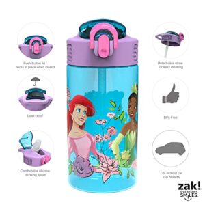 Zak Designs Kids Durable Plastic Spout Cover and Built-in Carrying Loop, Leak-Proof Water Design for Travel, (16oz, 2pc Set), Disney Princess