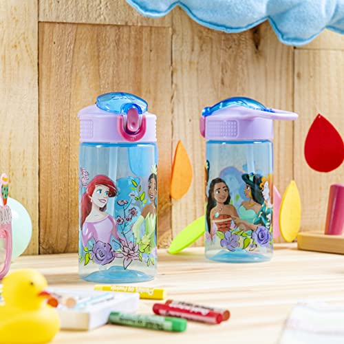 Zak Designs Kids Durable Plastic Spout Cover and Built-in Carrying Loop, Leak-Proof Water Design for Travel, (16oz, 2pc Set), Disney Princess