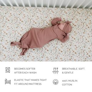 Meadow Floral Muslin Crib Sheet by Mebie Baby, Soft and Breathable Bed Sheets for Babies, Modern Neutral Bedding for Cribs, Standard Crib Mattress Fitted Sheet, Great for Boy or Girl Room or Nursery