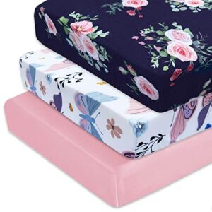 amrose 3 pack heavenly soft crib sheets for baby girls, 28'' x 52'' fitted crib sheets for crib and toddler mattress pad, silk touch gentle breathable microfiber, floral & butterfly