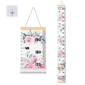 besslee canvas kids growth chart for wall, floral height measurement tracker for baby girl, hanging ruler with removable hook, nursery room playroom toddler bedroom decor, 79”x7.9” pink