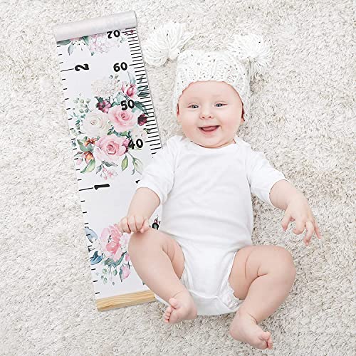 BESSLEE Canvas Kids Growth Chart for Wall, Floral Height Measurement Tracker for Baby Girl, Hanging Ruler with Removable Hook, Nursery Room Playroom Toddler Bedroom Decor, 79”x7.9” Pink