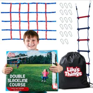 Lily's Things Double Slackline Obstacle Course for Kids | 110 Foot Line Ninja Warrior Obstacle Course Patented Double Line Design Unique Outdoor Ultimate Playground Climbing Challenge - Cargo Net Set