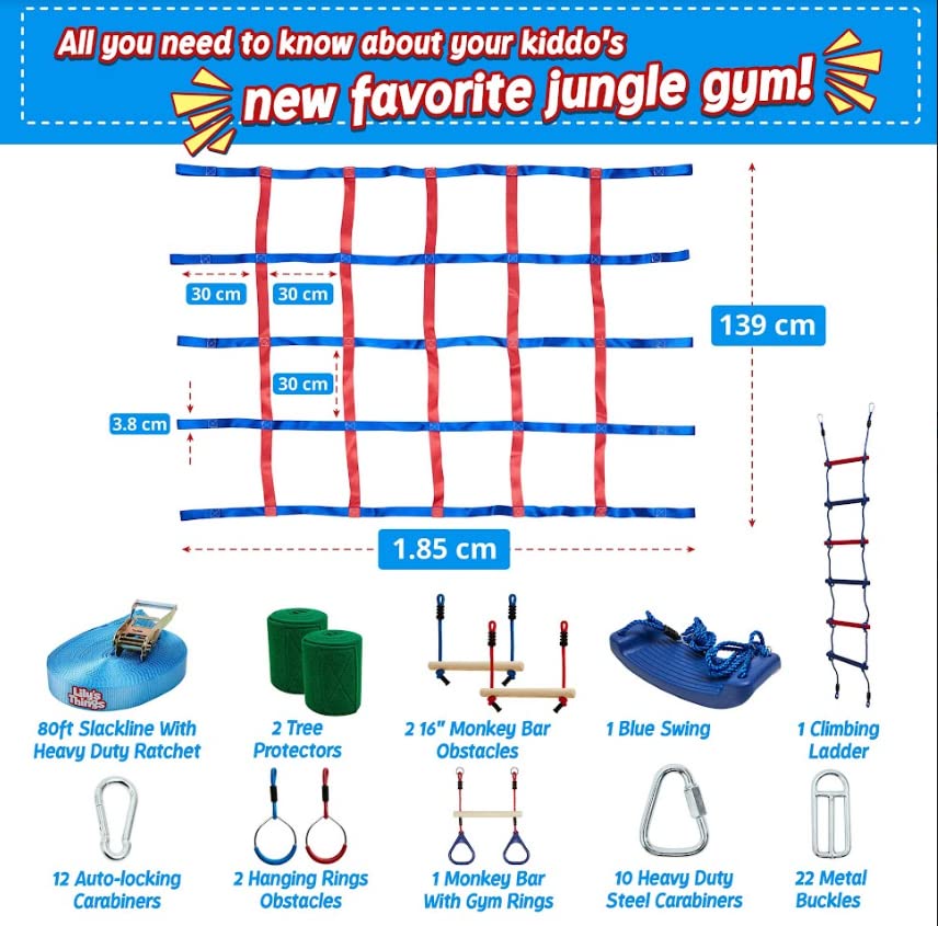 Lily's Things Double Slackline Obstacle Course for Kids | 110 Foot Line Ninja Warrior Obstacle Course Patented Double Line Design Unique Outdoor Ultimate Playground Climbing Challenge - Cargo Net Set