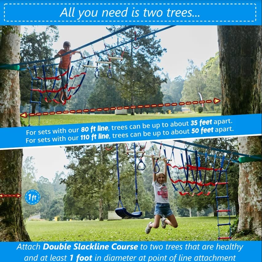 Lily's Things Double Slackline Obstacle Course for Kids | 110 Foot Line Ninja Warrior Obstacle Course Patented Double Line Design Unique Outdoor Ultimate Playground Climbing Challenge - Cargo Net Set