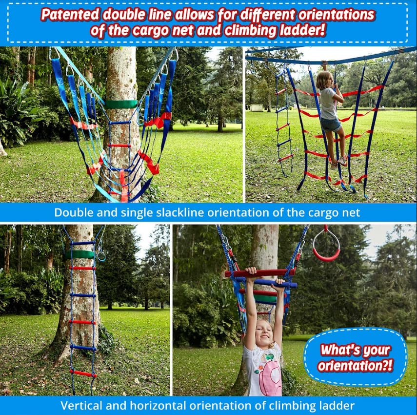 Lily's Things Double Slackline Obstacle Course for Kids | 110 Foot Line Ninja Warrior Obstacle Course Patented Double Line Design Unique Outdoor Ultimate Playground Climbing Challenge - Cargo Net Set