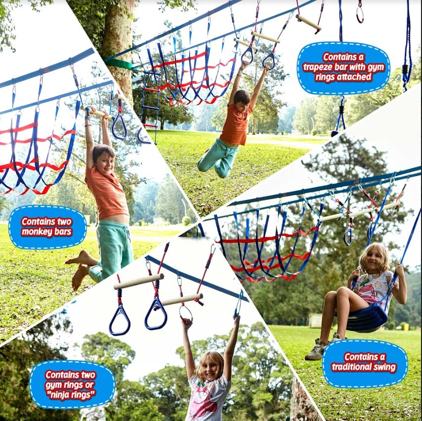 Lily's Things Double Slackline Obstacle Course for Kids | 110 Foot Line Ninja Warrior Obstacle Course Patented Double Line Design Unique Outdoor Ultimate Playground Climbing Challenge - Cargo Net Set