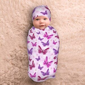 Pink Butterfly Butterflies Newborn Swaddle Blanket Baby Receiving Blankets Infant Sleep Sack Wrap Soft Stretchy Muslin with Beanie Hat for Baby Shower Boy Girl Gifts