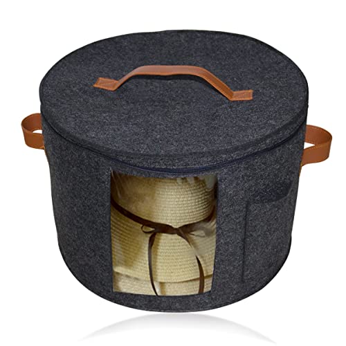 Hat Storage Box for Women and Men, 17"D Large Hat Box with Dustproof Lid & Clear Window, Felt Round Foldable Hat Box Travel Case Portable Hat Organizer Container, Stuffed Animal Toy Storage -Dark Grey