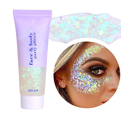 DAGEDA Body Glitter Gel, Face Glitter Body Gel Sequins Shimmer Liquid Eyeshadow, Chunky Glitter for Face Hair Nails, Holographic Cosmetic Laser Powder Festival Glitter Makeup 50ml(White)