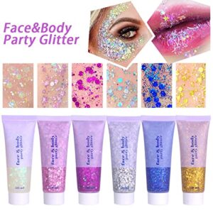 DAGEDA Body Glitter Gel, Face Glitter Body Gel Sequins Shimmer Liquid Eyeshadow, Chunky Glitter for Face Hair Nails, Holographic Cosmetic Laser Powder Festival Glitter Makeup 50ml(White)