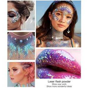 DAGEDA Body Glitter Gel, Face Glitter Body Gel Sequins Shimmer Liquid Eyeshadow, Chunky Glitter for Face Hair Nails, Holographic Cosmetic Laser Powder Festival Glitter Makeup 50ml(White)