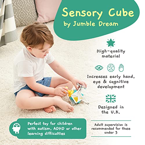 Jumble Dream Busy Cube Sensory Toy is a Handmade Montessori Fidget Cube for Learning - Wooden Activity Cubes for Travel & Children with Autism and ADHD 1 2 3