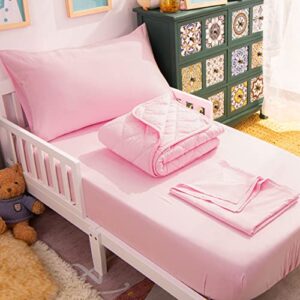 ntbay 4 piece ultra soft and breathable toddler bedding set, microfiber crib sheet set, includes quilted comforter, fitted sheet, flat top sheet and envelope pillowcase for boys and girls, pink