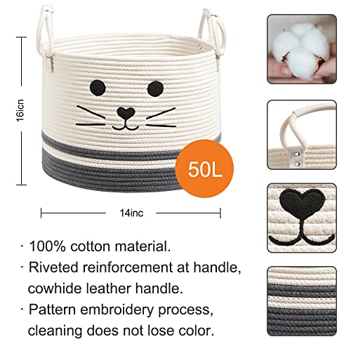 Large Woven Cotton Rope Storage Basket Baby Laundry Basket Blanket Basket with Handles Nursery Cat Basket for Toys Gifts