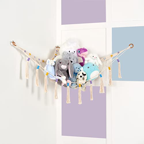 Cuddinio Macrame Stuffed Animal Net or Hammock –Toy Hammock for Stuffed Animals. Hanging Net for Stuffed Animals. Stuffed Animal Organizer. Macrame Stuffed Animal Hammock. Plushie Net with Blue Beads