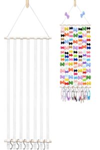 danightime 48.5" x 16.5" bow holder for baby w/7 cotton ribbons, 6 metal hooks , 1 seamless hook & 1 wooden wall hook, hair bow organizer for girls, white