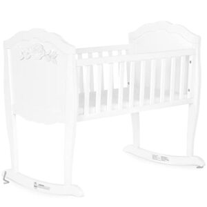 sweetpea baby rose cradle in white, with 1" mattress pad, easy to assemble, jpma certified, new zealand pinewood cradle, stationary and rocking cradle