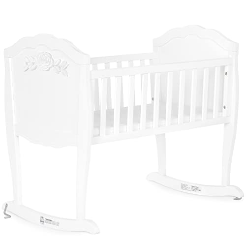 SweetPea Baby Rose Cradle in White, with 1" Mattress Pad, Easy to Assemble, JPMA Certified, New Zealand Pinewood Cradle, Stationary and Rocking Cradle