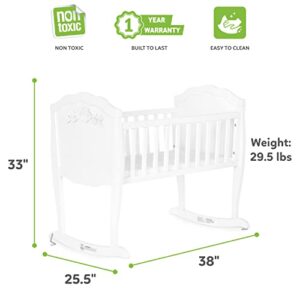 SweetPea Baby Rose Cradle in White, with 1" Mattress Pad, Easy to Assemble, JPMA Certified, New Zealand Pinewood Cradle, Stationary and Rocking Cradle