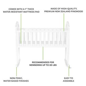 SweetPea Baby Rose Cradle in White, with 1" Mattress Pad, Easy to Assemble, JPMA Certified, New Zealand Pinewood Cradle, Stationary and Rocking Cradle