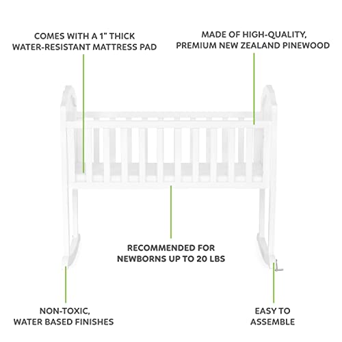 SweetPea Baby Rose Cradle in White, with 1" Mattress Pad, Easy to Assemble, JPMA Certified, New Zealand Pinewood Cradle, Stationary and Rocking Cradle