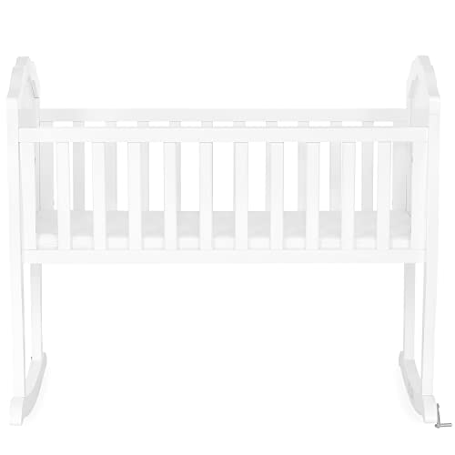 SweetPea Baby Rose Cradle in White, with 1" Mattress Pad, Easy to Assemble, JPMA Certified, New Zealand Pinewood Cradle, Stationary and Rocking Cradle