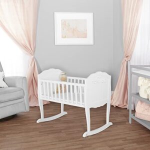 SweetPea Baby Rose Cradle in White, with 1" Mattress Pad, Easy to Assemble, JPMA Certified, New Zealand Pinewood Cradle, Stationary and Rocking Cradle