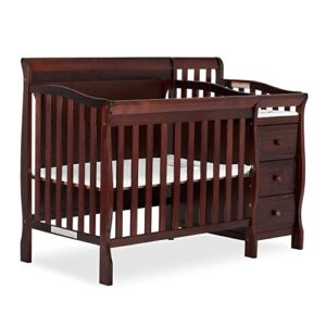dream on me jayden 4-in-1 full panel mini convertible crib and changer in espresso, non-toxic finish, made of solid pinewood, 3-position mattress support system, comes with 1'' changing pad