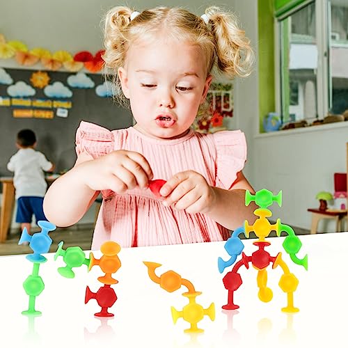 Suction Toys Bath Toy Set - 24 pcs Slicone Sucker Toys for Kids, Window Toys with Storage, Good for Autism/ADD/ADHD.