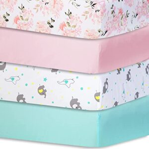 bimocosy fitted crib sheets girl 4 pack, size 28"x 52" for standard crib and toddler mattresses, super soft breathable microfiber baby crib mattress sheet, floral/elephant/pink/light green