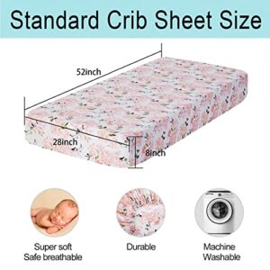 bimocosy Fitted Crib Sheets Girl 4 Pack, Size 28"x 52" for Standard Crib and Toddler Mattresses, Super Soft Breathable Microfiber Baby Crib Mattress Sheet, Floral/Elephant/Pink/Light Green