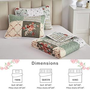 Patchwork Quilt Set Full/Queen Size, 3 Pieces Green Floral Plaid Summer Bedspread Coverlet Set, Soft Microfiber Reversible Lightweight Bed Cover for All Season (90" x 90", 1 Quilt+ 2 Pillow Shams)