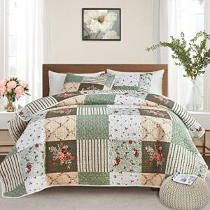 Patchwork Quilt Set Full/Queen Size, 3 Pieces Green Floral Plaid Summer Bedspread Coverlet Set, Soft Microfiber Reversible Lightweight Bed Cover for All Season (90" x 90", 1 Quilt+ 2 Pillow Shams)