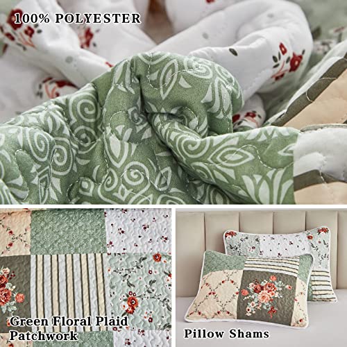 Patchwork Quilt Set Full/Queen Size, 3 Pieces Green Floral Plaid Summer Bedspread Coverlet Set, Soft Microfiber Reversible Lightweight Bed Cover for All Season (90" x 90", 1 Quilt+ 2 Pillow Shams)