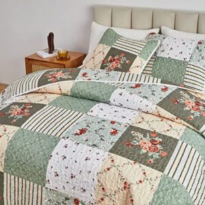 Patchwork Quilt Set Full/Queen Size, 3 Pieces Green Floral Plaid Summer Bedspread Coverlet Set, Soft Microfiber Reversible Lightweight Bed Cover for All Season (90" x 90", 1 Quilt+ 2 Pillow Shams)