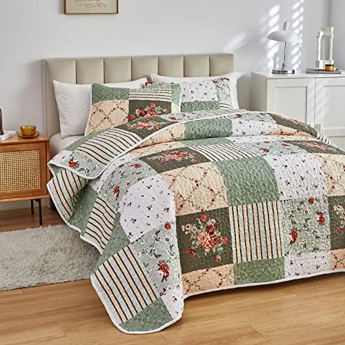 Patchwork Quilt Set Full/Queen Size, 3 Pieces Green Floral Plaid Summer Bedspread Coverlet Set, Soft Microfiber Reversible Lightweight Bed Cover for All Season (90" x 90", 1 Quilt+ 2 Pillow Shams)