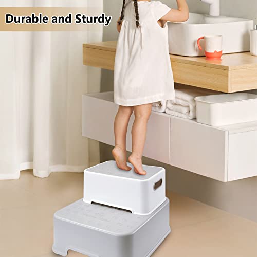 Two Step Stool for Kids, Double up Toddler Step Stool for Potty Training, Anti-Slip Sturdy Child Step Stool for Toilet, Bathroom, Sink, Kitchen, Grey