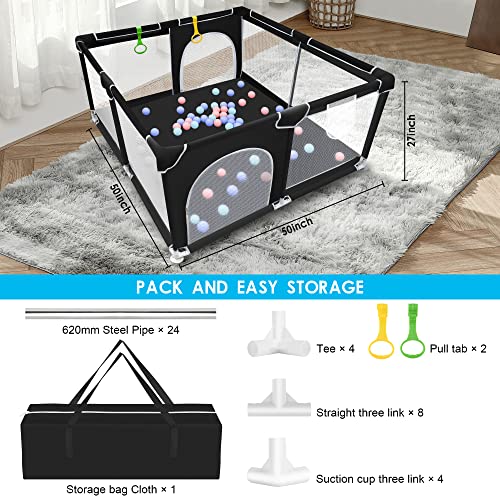 BAIYI Baby Playpen, Baby Playard, Playpen for Babies with Gate Indoor & Outdoor Kids Activity Center, Sturdy Safety Play Yard with Soft Breathable Mesh, Playpen for Toddle(Black,50”×50”)