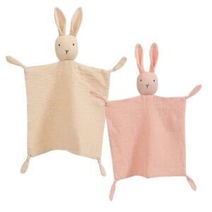 insular bunny lovey blanket for boys and girls, organic cotton muslin security blanket for babies, soft breathable lovie soothing towel for newborn and infant, 2 pcs set (khaki&pink)