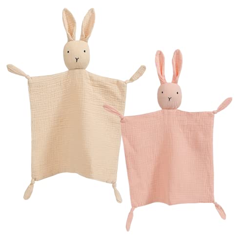 insular Bunny Lovey Blanket for Boys and Girls, Organic Cotton Muslin Security Blanket for Babies, Soft Breathable Lovie Soothing Towel for Newborn and Infant, 2 Pcs Set (Khaki&Pink)